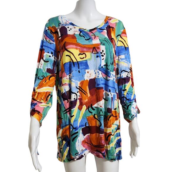 Ali Miles Medium Stretchy Top 3/4 Cinch Sleeve Art To Wear Artsy Abstract - Picture 3 of 6